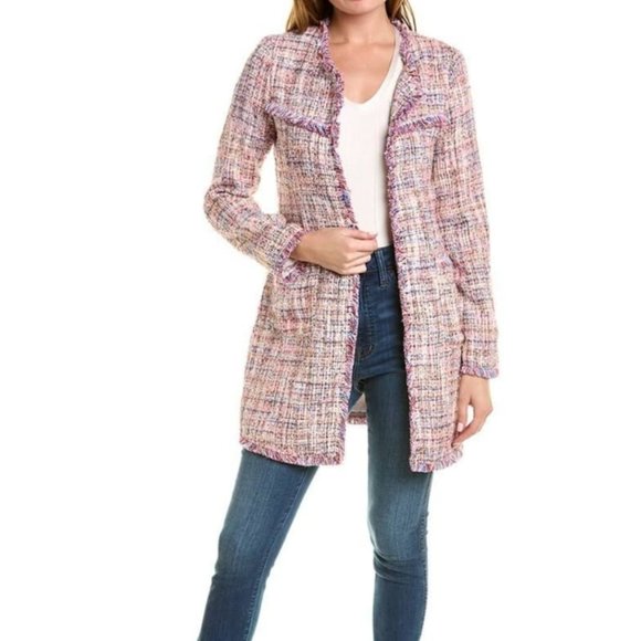 Womens Jacket Laundry Shelli Segal Tunic Pink Multi Knit Fringe Hem Size Medium - Picture 2 of 15